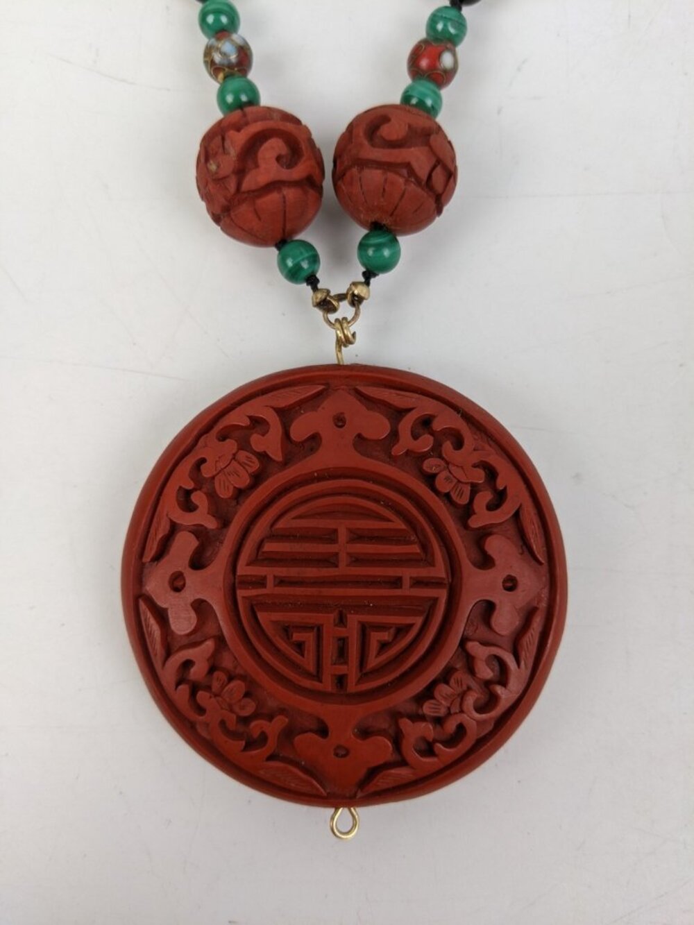 Vintage Chinese Cinnabar Malachite & Onyx Beaded Necklace